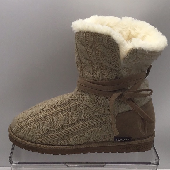 Muk Luks Shoes - Muk Luks Tan Faux Fur Sweater Ankle Boot